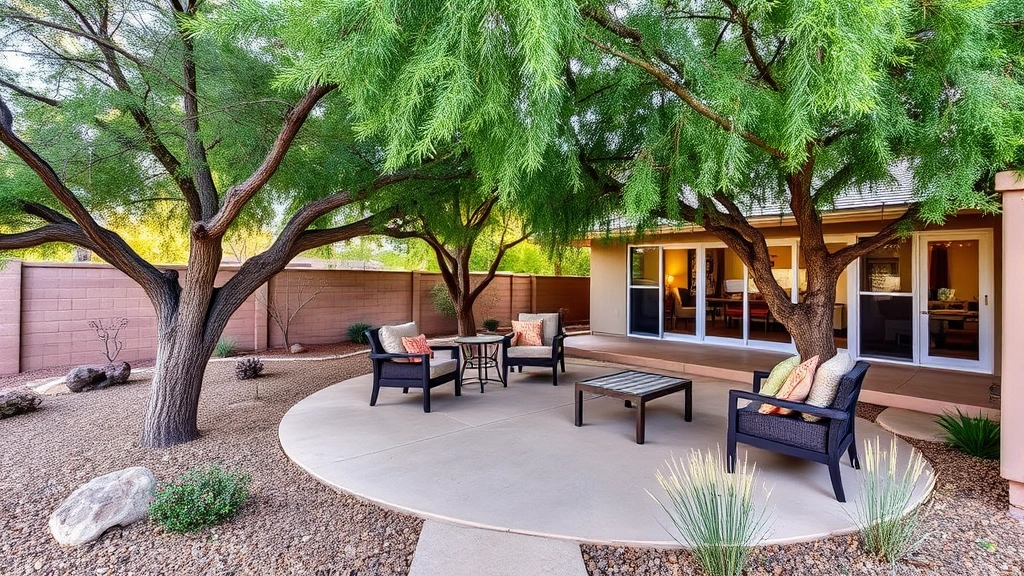Spacious backyard patio area with mature trees, comfortable seating, and desert landscaping