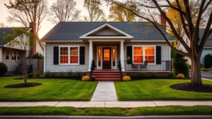 Modern suburban single-family home with manicured lawn and welcoming front porch in Pennsylvania neighborhood, warm golden hour lighting