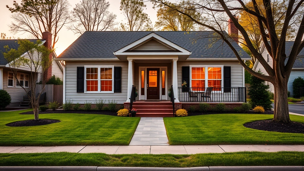 Modern suburban single-family home with manicured lawn and welcoming front porch in Pennsylvania neighborhood, warm golden hour lighting