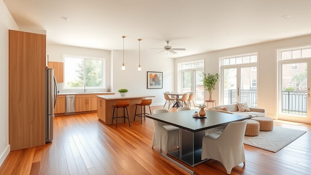 Spacious open-concept kitchen and living room with hardwood floors, stainless steel appliances, and natural light from large windows