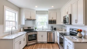 Modern kitchen with stainless steel appliances in a recently renovated Pennsylvania home, bright natural light from windows, white cabinetry, granite countertops, interior residential setting