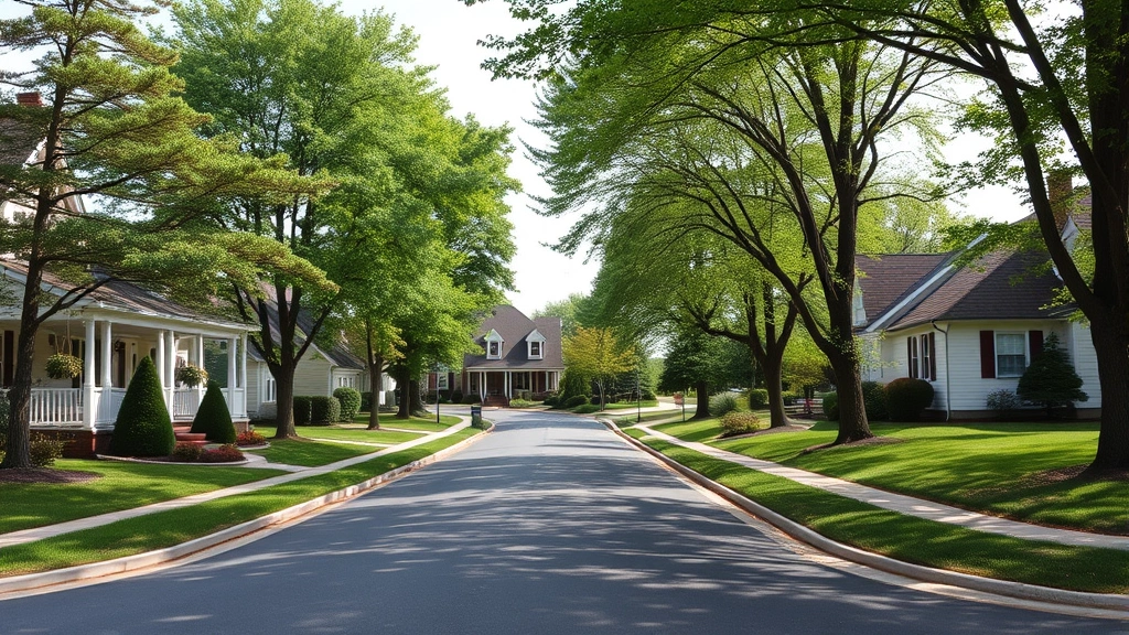 Beautiful suburban neighborhood street in northeastern Pennsylvania with well-maintained single-family homes, manicured lawns, mature trees, peaceful residential area, daytime setting