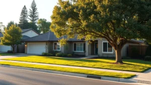 Modern suburban home with manicured lawn and mature trees in Oroville, California neighborhood setting, afternoon lighting showing residential street charm