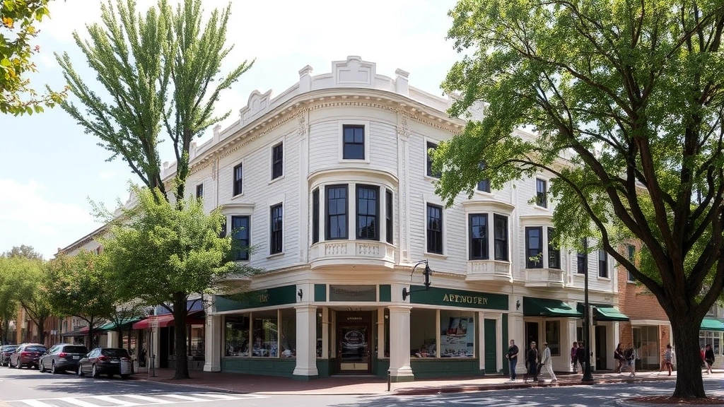 Historic downtown Oroville Victorian-era building with contemporary storefront conversion, tree-lined street with pedestrians, vibrant urban revitalization scene