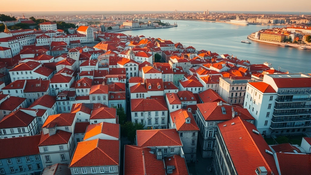 Aerial view of Lisbon's historic neighborhoods with terracotta roofs, the Tagus River visible, and modern buildings integrated with traditional architecture, golden hour lighting