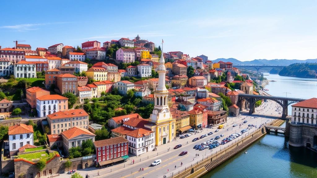 Picturesque Porto hillside with colorful traditional buildings cascading down toward the Douro River, historic architecture and riverside promenade, natural daylight
