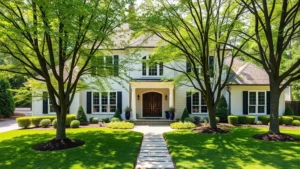Upscale Richmond Virginia residential home with modern exterior, manicured front lawn, mature trees, professional landscape design, natural daylight, inviting entrance