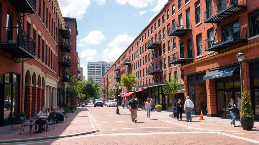 Downtown Roanoke street scene showing loft apartments, brick buildings, outdoor cafe seating, pedestrians walking, vibrant urban revitalization district