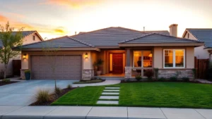 Modern suburban family home in Salinas California with manicured landscaping, two-car garage, and welcoming front porch during golden hour sunset lighting