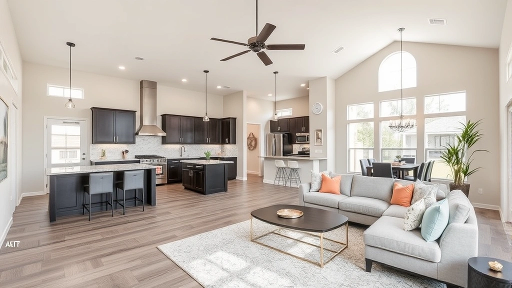 Spacious modern Schertz Texas home with open floor plan, granite countertops, stainless steel appliances, neutral paint, natural light from large windows, staged living room