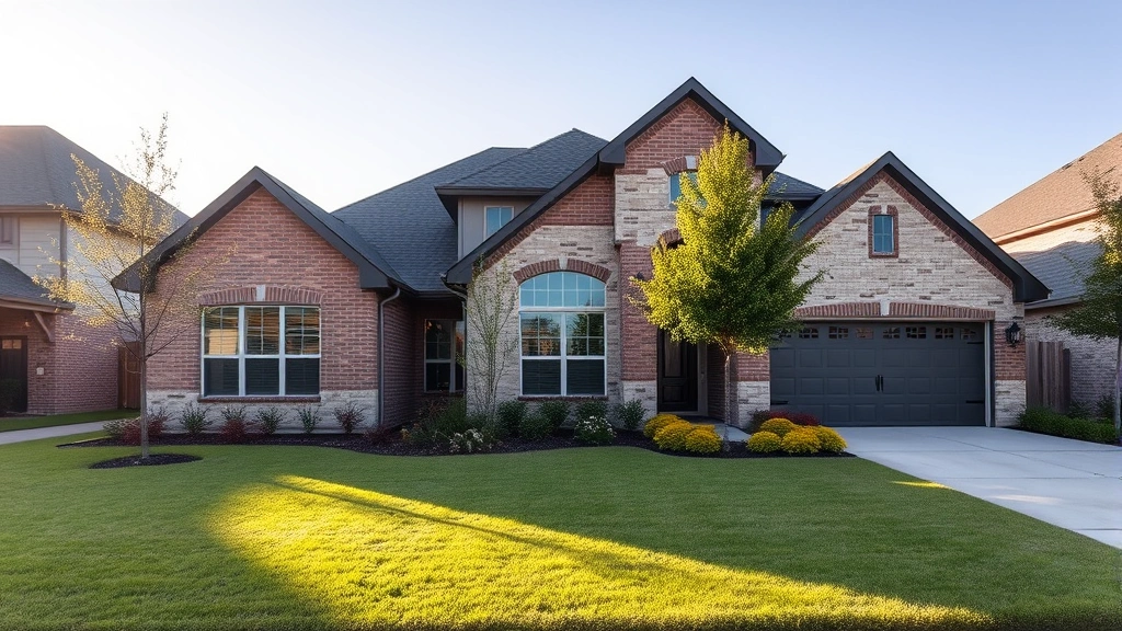 Modern family home with manicured lawn and two-car garage in Schertz Texas neighborhood, afternoon sunlight, professional landscaping, welcoming entrance
