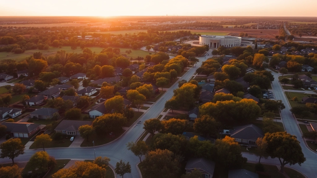 Aerial view of Schertz Texas residential subdivision with tree-lined streets, homes, and green spaces at golden hour