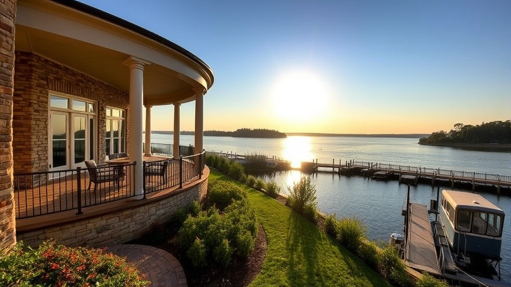 Luxury waterfront estate home with stone and brick exterior overlooking river, large covered deck with columns, manicured gardens, private dock, morning sunlight reflecting off water