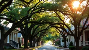 Beautiful tree-lined residential street in Winston-Salem with historic homes featuring front porches and mature oak trees, afternoon sunlight filtering through canopy, charming streetscape