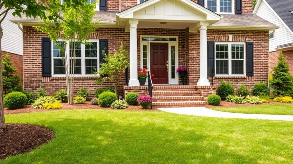 Modern family home exterior with updated landscaping, welcoming front entrance, manicured lawn, well-maintained brick facade, contemporary curb appeal in North Carolina neighborhood