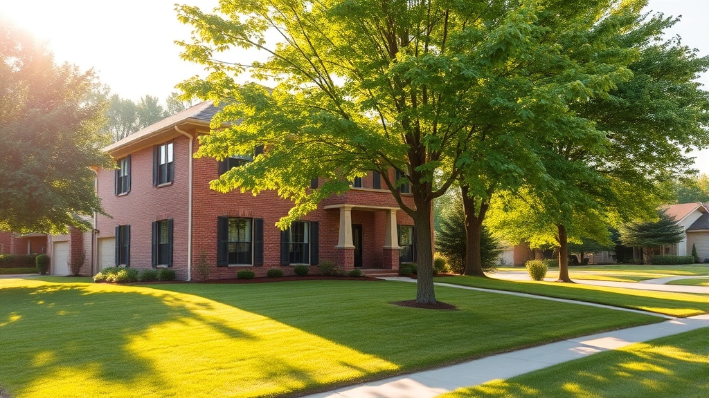 Modern two-story brick home with manicured lawn and mature trees in Madison neighborhood, warm afternoon sunlight, professional photography style