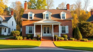 Charming brick colonial home with white shutters and welcoming front porch surrounded by mature landscaping in Appalachian neighborhood, warm afternoon light