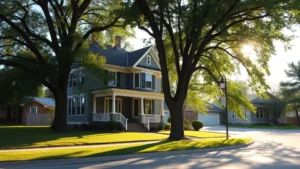 Charming Victorian-era house with mature trees and manicured lawn on quiet Sioux City street, morning sunlight, family home exterior, no text or signage visible