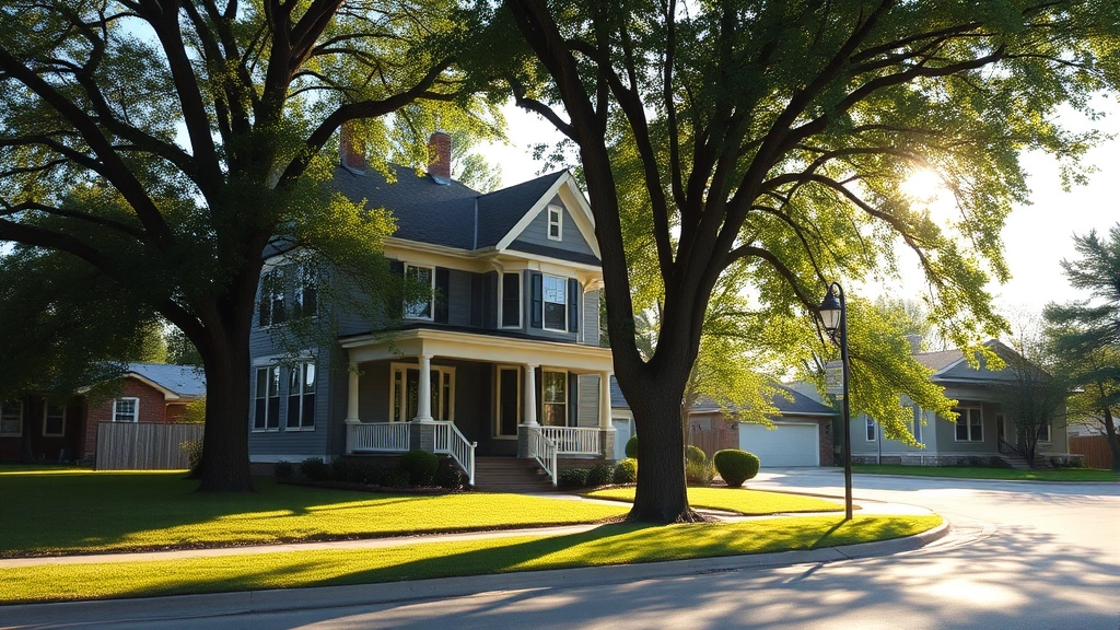 Charming Victorian-era house with mature trees and manicured lawn on quiet Sioux City street, morning sunlight, family home exterior, no text or signage visible