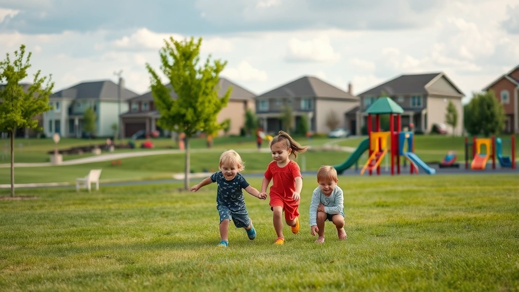 Family playing in suburban park with newer homes visible in background, green spaces and playground equipment, community recreation area, Iowa residential neighborhood aesthetic