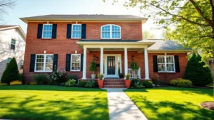 Modern two-story suburban home with manicured lawn, brick exterior, white trim, welcoming front porch, spring flowers blooming, bright afternoon sunlight