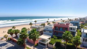 Panoramic view of Pacific Beach oceanfront homes with modern architecture, palm trees, and ocean waves in background, bright sunny California day, no people visible