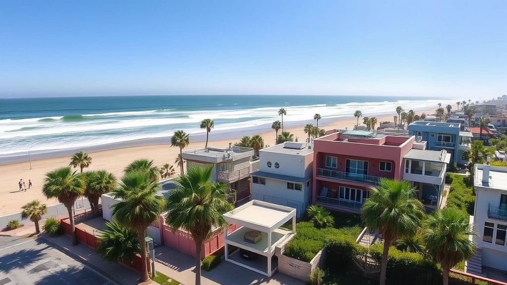 Panoramic view of Pacific Beach oceanfront homes with modern architecture, palm trees, and ocean waves in background, bright sunny California day, no people visible