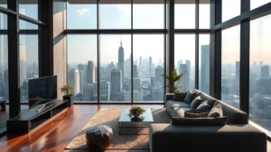 Modern luxury condominium in Bangkok with floor-to-ceiling windows overlooking the city skyline, contemporary interior design, natural daylight streaming in