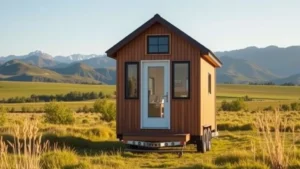 Modern tiny house on wheels photographed from front angle, parked in peaceful rural setting with mountains in background, natural lighting, showing compact exterior design with large windows and sustainable materials