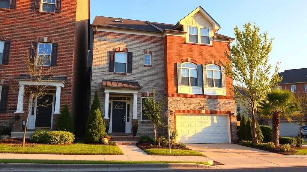 Modern three-story townhouse exterior with brick and stone facade, manicured front landscaping, attached garage, warm afternoon sunlight, suburban street setting