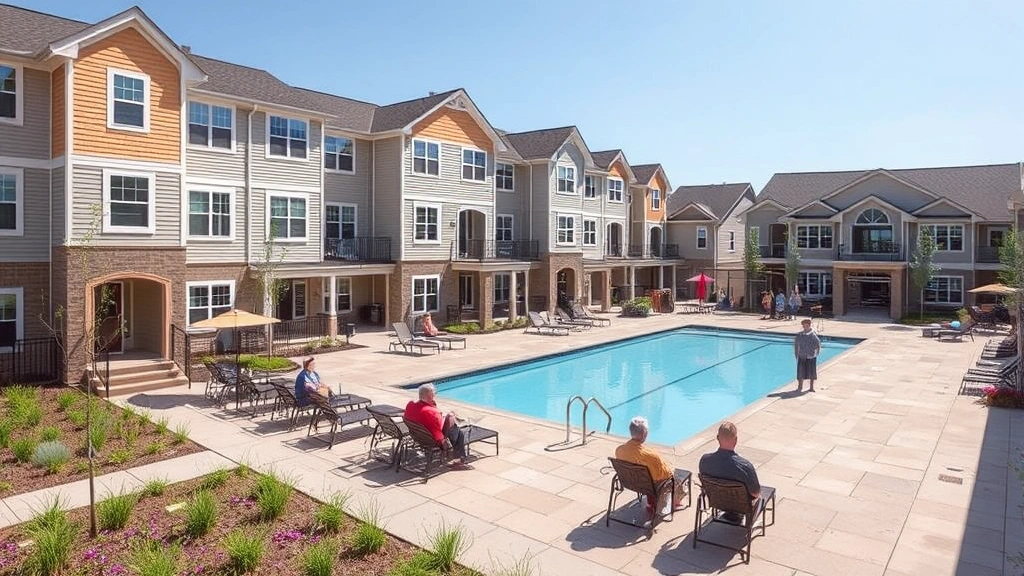 Townhouse community common area with pool, fitness center visible in background, landscaped grounds, residents enjoying outdoor space, clear sunny day