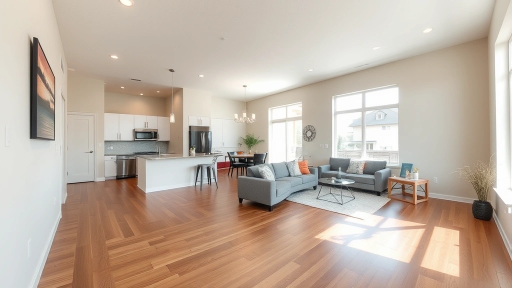 Interior of townhouse showing open-concept living area with hardwood floors, neutral paint, modern kitchen visible, natural light from windows, staged for sale