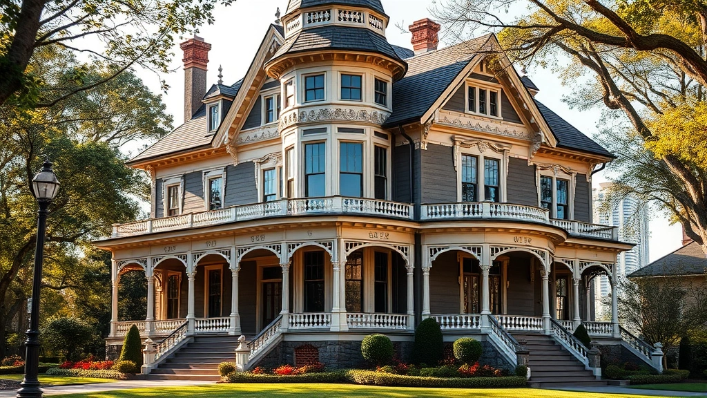 Elegant Victorian mansion exterior with ornate Queen Anne architecture, wraparound porch, turret, and bay windows, manicured gardens, sunny afternoon lighting