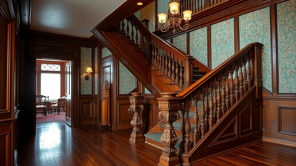 Interior detail of Victorian home showing original hardwood flooring, ornate wooden staircase with carved banister, period light fixtures, and decorative crown molding