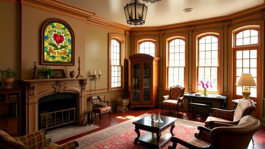 Victorian parlor room with fireplace featuring decorative tile work and carved mantel, stained glass window, period furniture, warm natural light from multiple windows