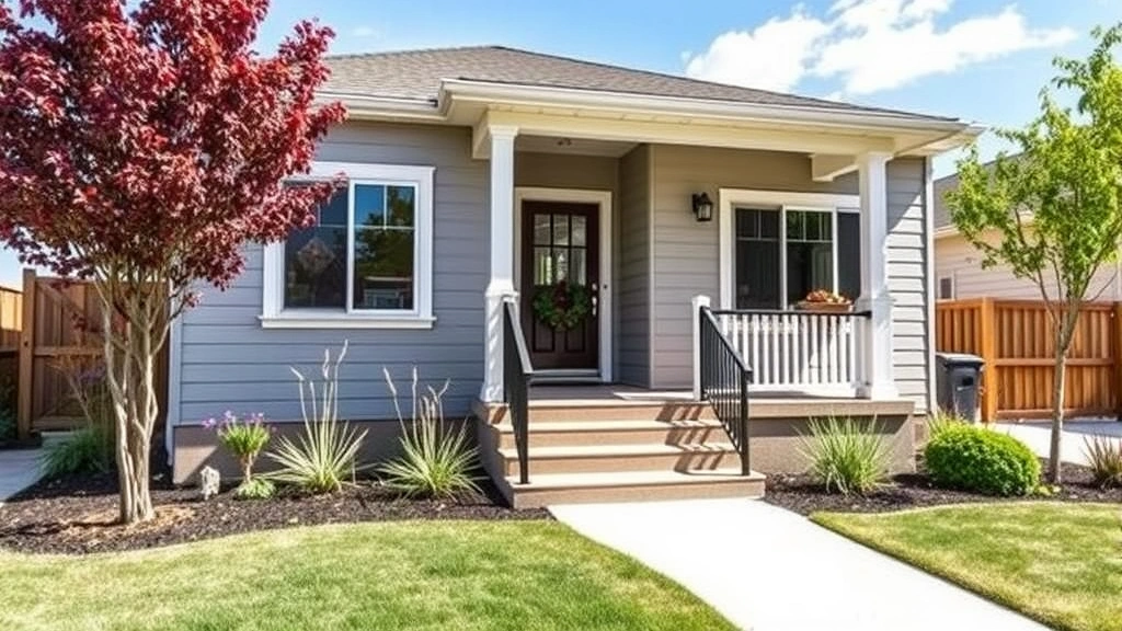 Modern 2-bedroom single-family home exterior with well-maintained landscaping, front porch, and welcoming entrance on sunny day