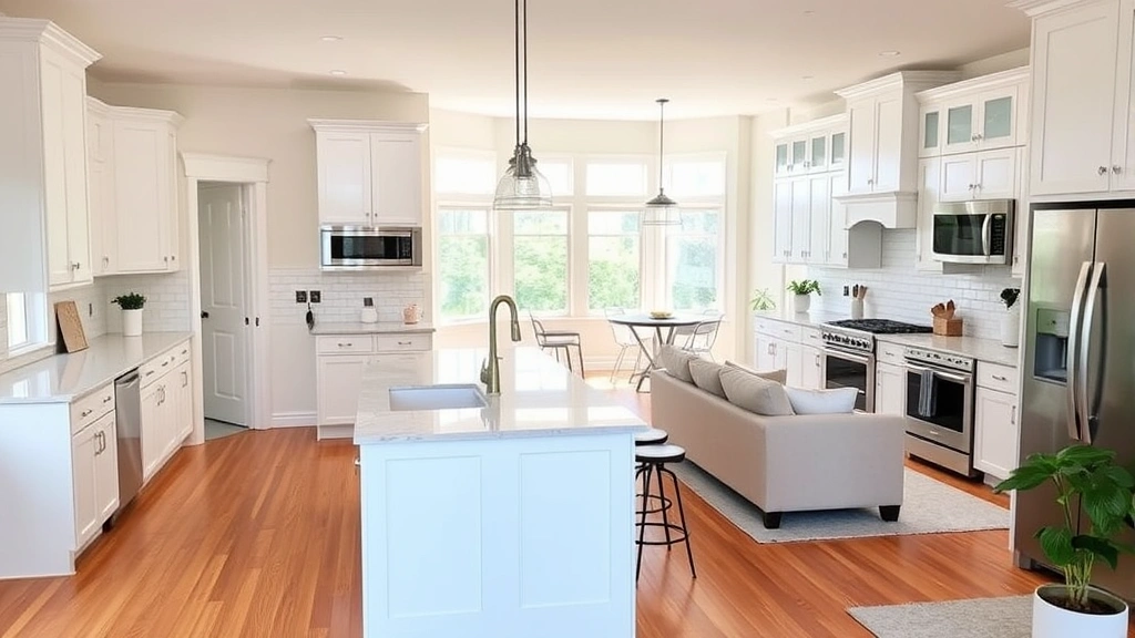 Bright open-concept kitchen and living area in 4-bedroom home, white cabinetry, stainless steel appliances, island counter, hardwood flooring, natural light from windows