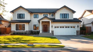 Modern four-bedroom suburban home with two-car garage, manicured lawn, and welcoming front porch in afternoon sunlight, photorealistic architectural photography