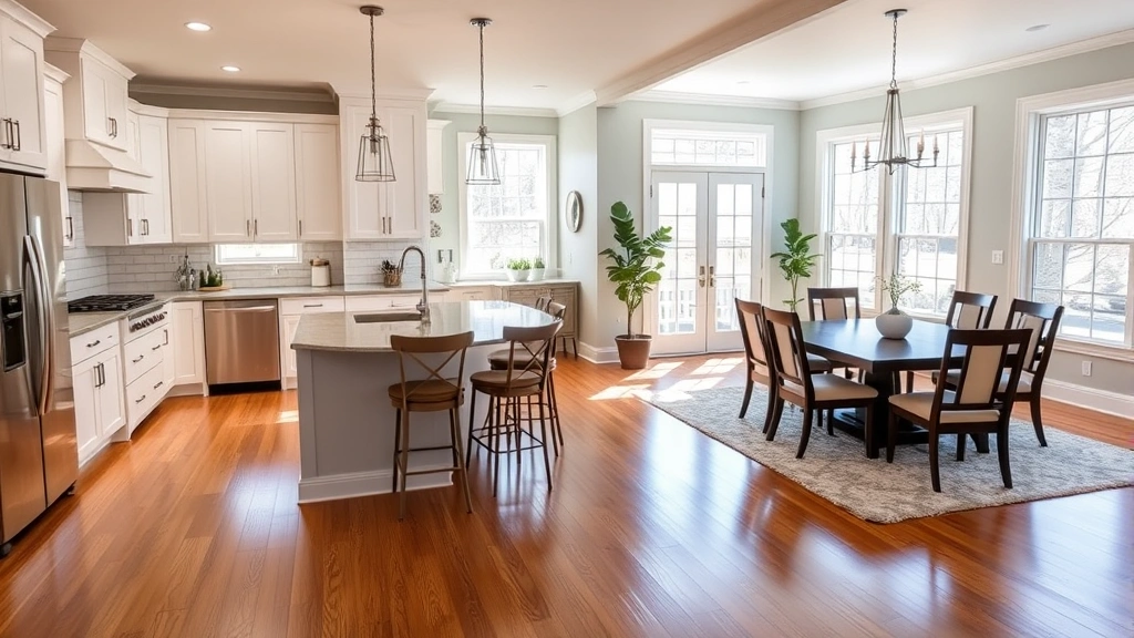 Bright open-concept kitchen and dining area in a four-bedroom home with white cabinetry, stainless steel appliances, hardwood floors, and natural light from large windows