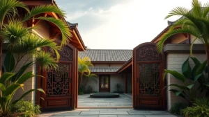 Luxurious Balinese-inspired residential home exterior featuring intricate carved wooden gate, natural stone courtyard entrance, tropical plants, traditional architectural elements, warm afternoon lighting, serene atmosphere, high-end aesthetic