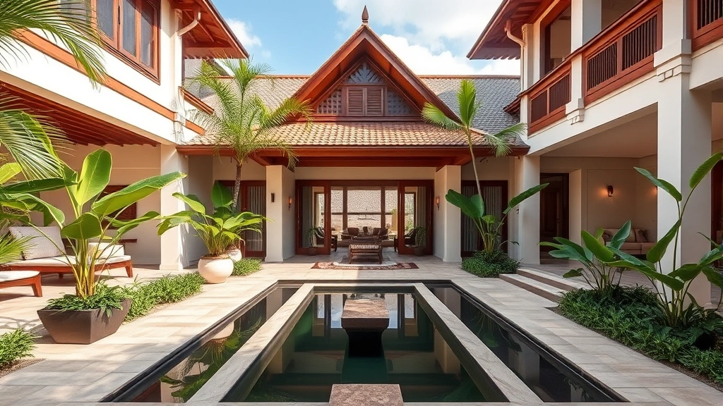 Luxurious Balinese-inspired home with open courtyard, teak wood details, natural stone flooring, tropical plants, and water feature reflecting architectural design elements