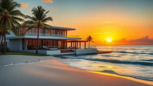 Luxury beachfront home with modern architecture overlooking the Gulf of Mexico at sunset, white sandy beach in foreground, waves gently lapping shore, palm trees framing the property