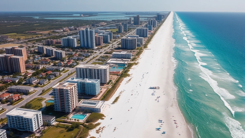 Aerial view of Panama City Beach residential community showing beachfront high-rise condominiums mixed with single-family homes, turquoise water and pristine sandy beaches, morning sunlight