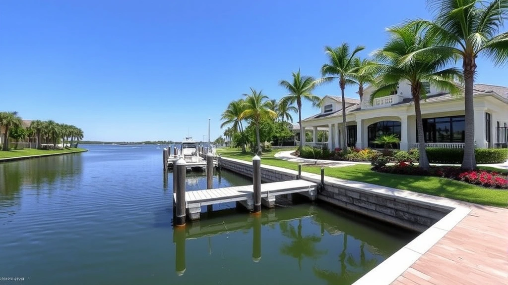 Elegant waterfront property with boat dock, seawall, and direct Gulf access, manicured landscaping, modern home architecture, calm water reflecting clear blue sky, tropical setting