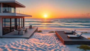 Luxury beachfront home with ocean view deck overlooking sandy beach and waves at sunset, modern architecture, outdoor furniture, pristine white sand, clear blue water, no people visible, photorealistic