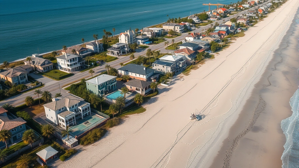 Aerial view of beachfront neighborhood with multiple oceanfront homes, palm trees, wide sandy beach, calm waters, coastal landscape, residential community, daytime lighting, photorealistic