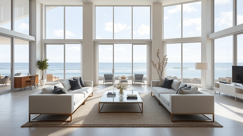 Modern beachfront property interior showing open living space with floor-to-ceiling windows framing ocean view, contemporary furniture, bright natural light, coastal interior design, no people, photorealistic