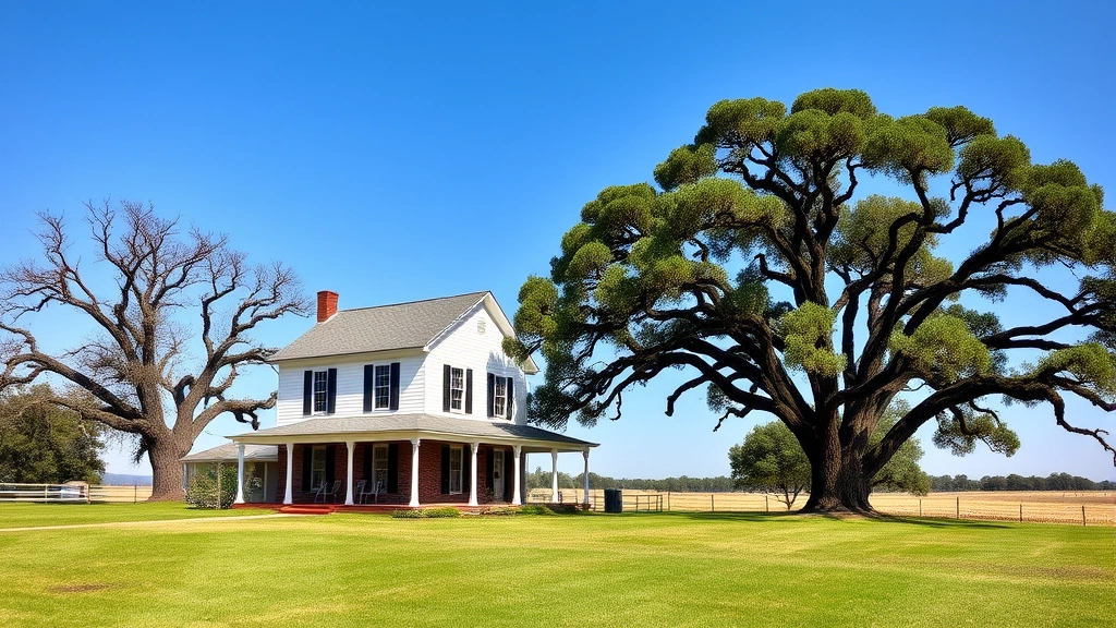 Charming two-story farmhouse with white exterior, black shutters, brick foundation, surrounded by mature oak trees and open fields under clear blue sky, peaceful rural setting