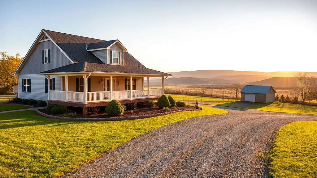 Spacious rural home with wraparound porch, well-maintained landscaping, gravel driveway, detached garage visible, rolling hills in background, golden afternoon light