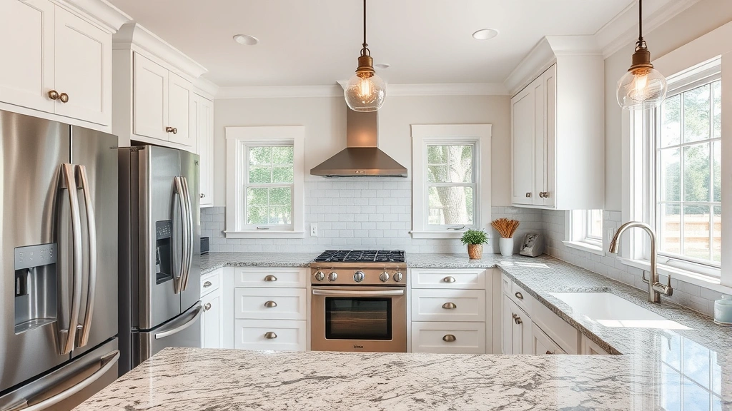 Modern kitchen renovation featuring stainless steel appliances, granite countertops, white cabinetry, pendant lighting, natural sunlight through windows in rural home interior